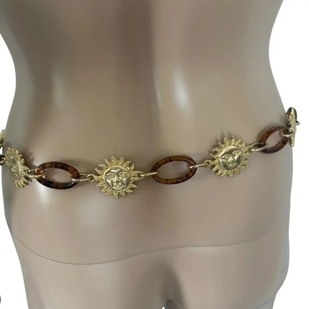 Vintage Sun Face Chain Belt Tortoise Lucite Gold Tone Celestial Boho Y2K Rave